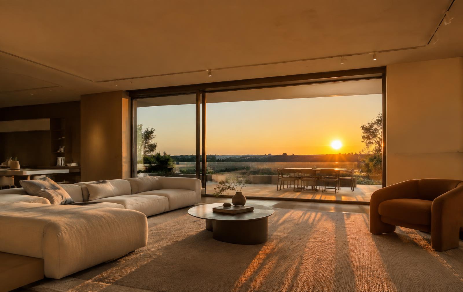 Modernes Wohnzimmer mit großen Glasflächen